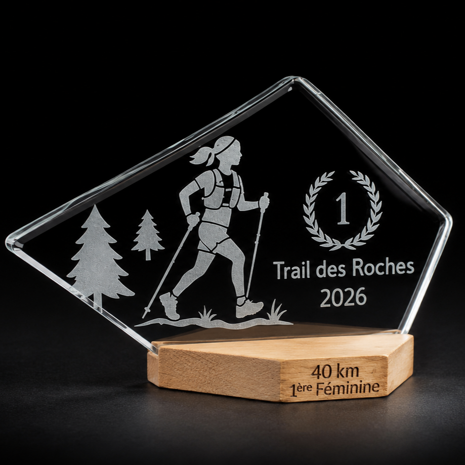 Trophée d'un trail en verre transparent sablé en en bois gravé