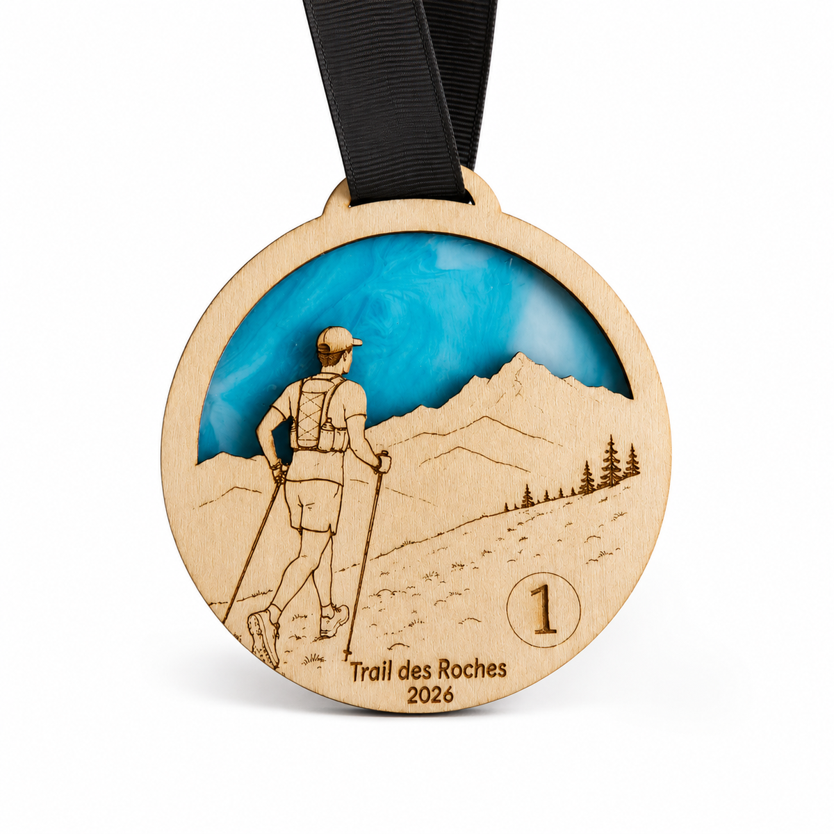 Médaille de trail en verre et en bois